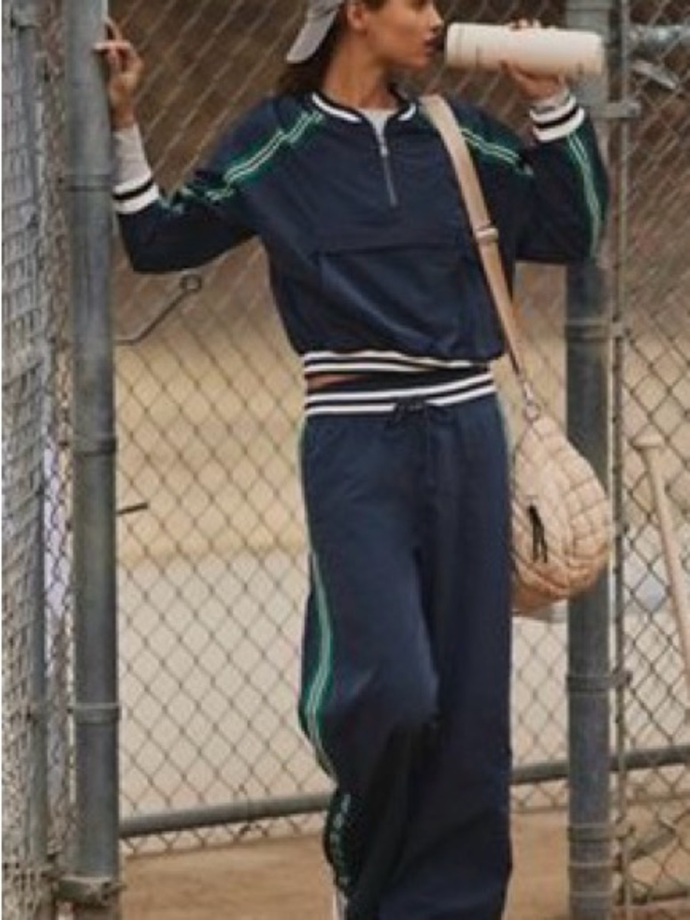 Free People Navy Blue Two-Piece Track Pants & Pullover Set with Green Stripes